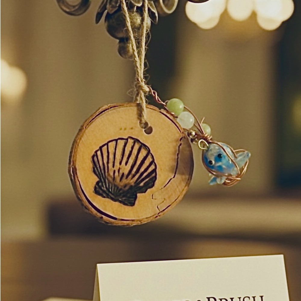 Wooden Shell Ornament with Beaded Charm